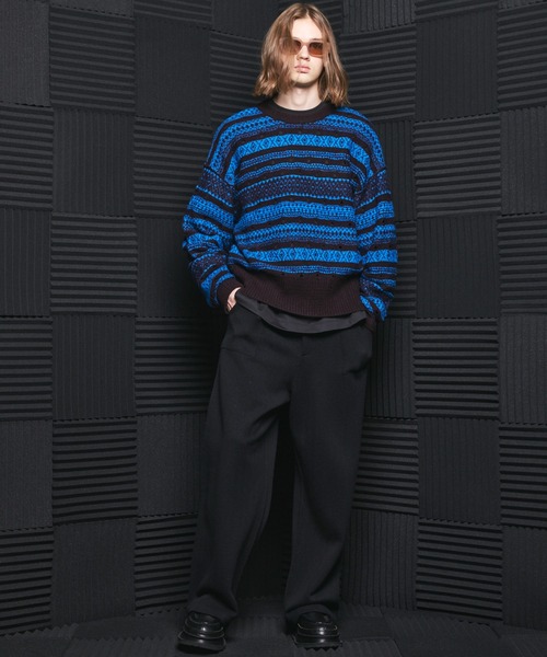 MAISON SPECIAL（メゾンスペシャル）の「《UNISEX》Fair Isle Border Prime-Over Crew Neck Sweater/フェアアイルボーダープライムオーバークルーネックニット【MAISON SPECIAL/メゾンスペシャル】（ニット/セーター・メンズ・ブラック/ブルー・1/0/2）」の3枚目の写真