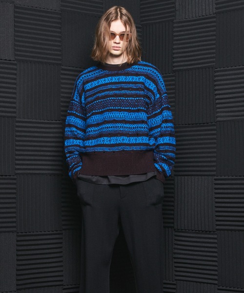 MAISON SPECIAL（メゾンスペシャル）の「《UNISEX》Fair Isle Border Prime-Over Crew Neck Sweater/フェアアイルボーダープライムオーバークルーネックニット【MAISON SPECIAL/メゾンスペシャル】（ニット/セーター・メンズ・ブラック/ブルー・1/0/2）」の7枚目の写真