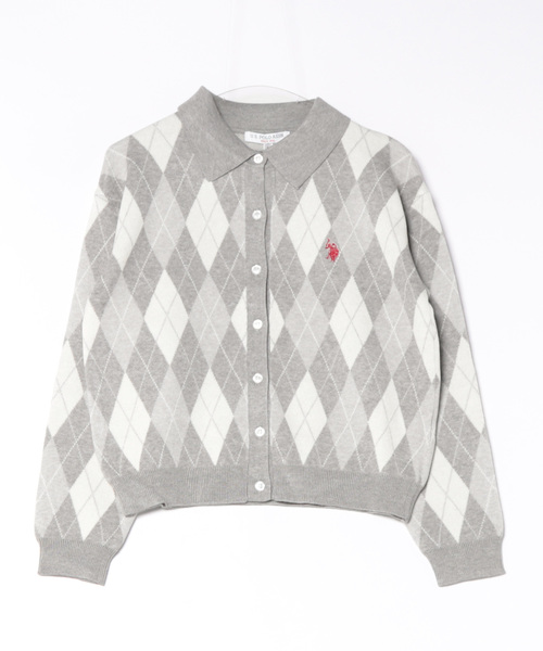 U.S. POLO ASSN.(ユーエスポロアッスン)の「【U.S. POLO ASSN.】ワンポイント刺繍スウェットライクニット アーガイルカーディガン(カーディガン/ボレロ・レディース・グレー/ブラック/ブラウン・M)」の1枚目の写真