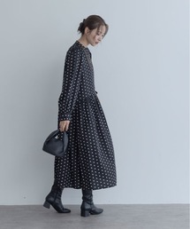 ロング丈 ドット ギャザーワンピース