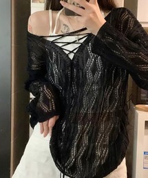 【EIZZ/アイズ】胸元レースアップ 透かし編み ルーズ メッシュ ニット トップス