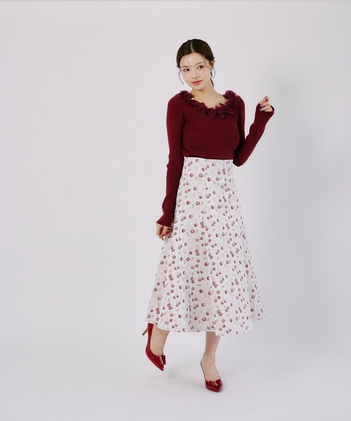 tocco closet(トッコ クローゼット)の「バックレースアップチェリージャガードフレアスカート(スカート・レディース・レッド・M)」の3枚目の写真