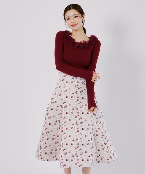 tocco closet(トッコ クローゼット)の「バックレースアップチェリージャガードフレアスカート(スカート・レディース・レッド・M)」の7枚目の写真