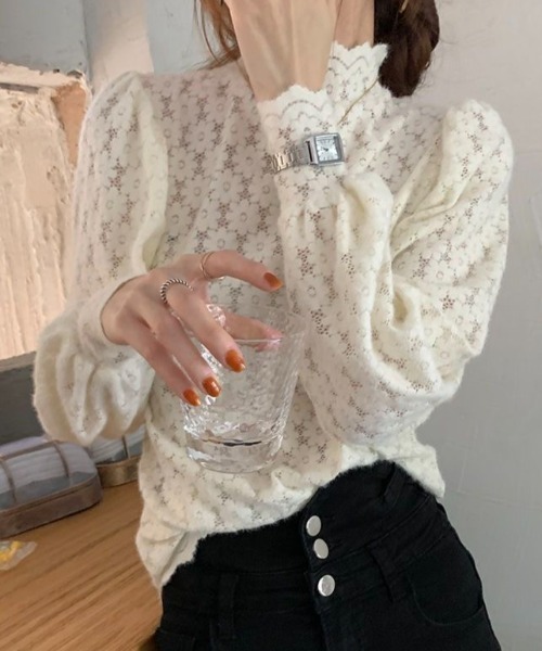 Aelina（エリナ）の「ハーフネックカットジャガードレースTシャツ（Tシャツ/カットソー・レディース・ブラック/ベージュ・FREE）」の12枚目の写真