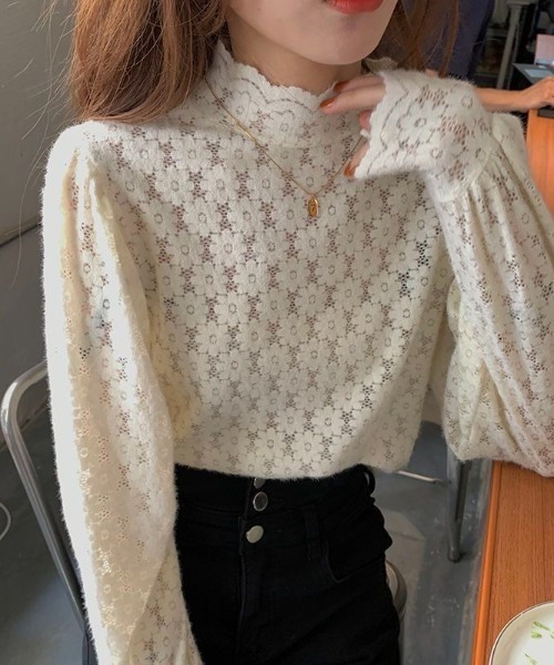Aelina（エリナ）の「ハーフネックカットジャガードレースTシャツ（Tシャツ/カットソー・レディース・ブラック/ベージュ・FREE）」の13枚目の写真