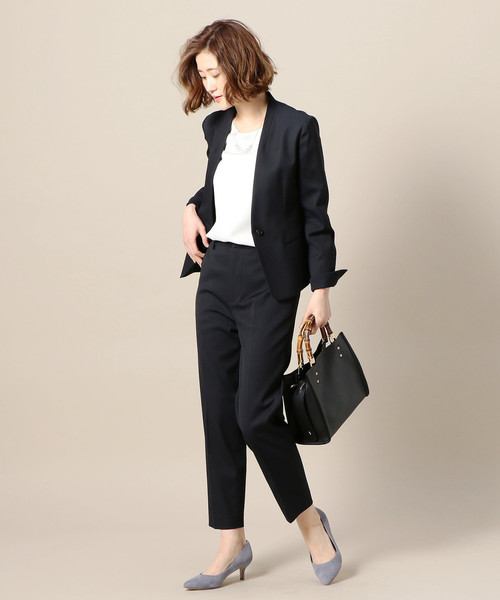 美品　ビューティ＆ユース　ピケカラーレスジャケット　トラウザーパンツ　スーツ　M 美品 ビューティ＆ユース ピケカラーレスジャケット トラウザー