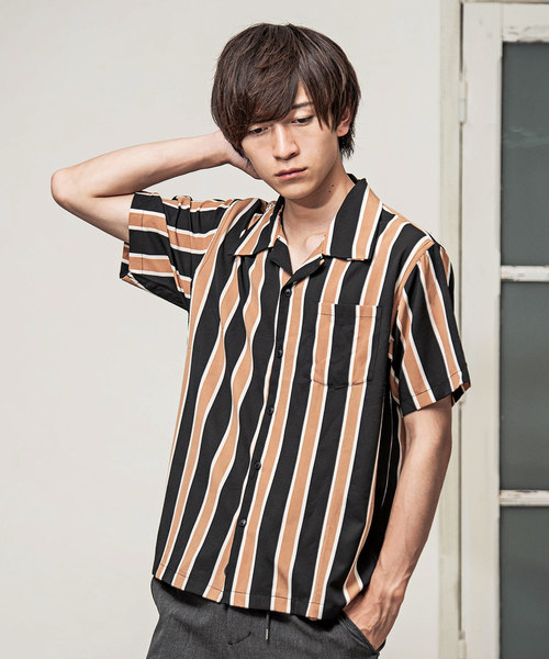 MinoriTY(マイノリティ)の「ストライプ柄オープンカラーシャツ(シャツ/ブラウス・メンズ・ブラック/グリーン・M/L)」の2枚目の写真