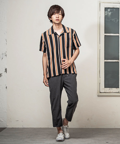 MinoriTY(マイノリティ)の「ストライプ柄オープンカラーシャツ(シャツ/ブラウス・メンズ・ブラック/グリーン・M/L)」の3枚目の写真