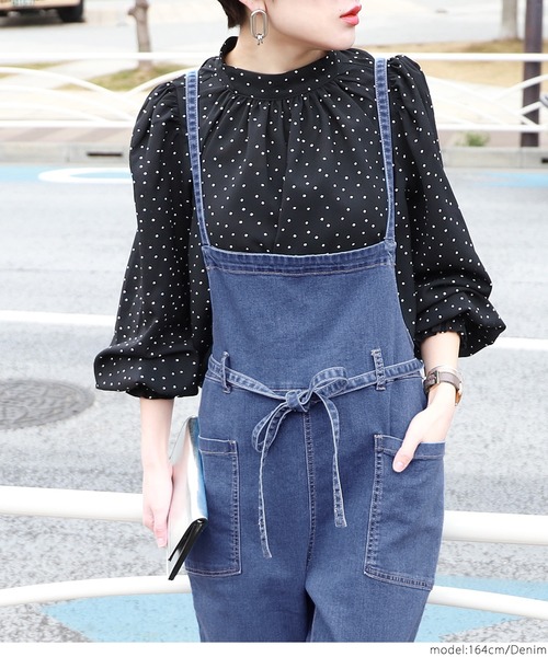 ウエストリボンストレッチデニムサロペット（サロペット