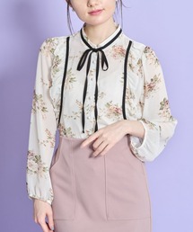 tocco closet | りぼん＆フリル付き配色ライン入りパール釦フラワープリントブラウス(シャツ/ブラウス)