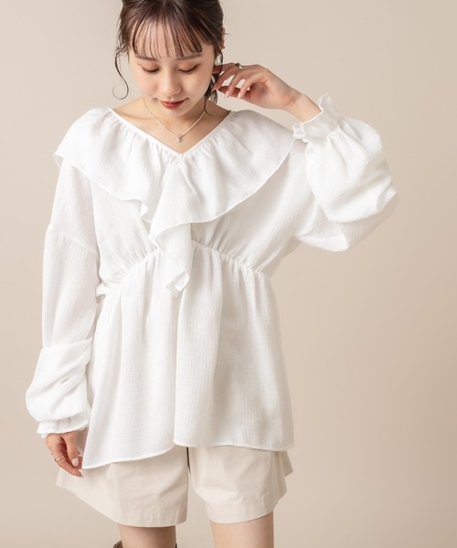 mline（エムライン）の「[mline] WEB限定 楊柳フリルブラウス（シャツ/ブラウス・レディース・ホワイト/ライトグリーン/アイボリー・FREE）」の2枚目の写真