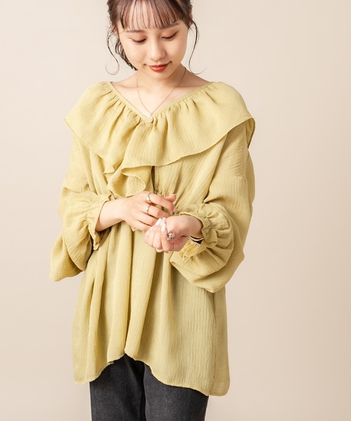 mline（エムライン）の「[mline] WEB限定 楊柳フリルブラウス（シャツ/ブラウス・レディース・ホワイト/ライトグリーン/アイボリー・FREE）」の4枚目の写真