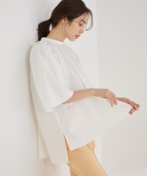 【洗える】スタンドカラーギャザーブラウス