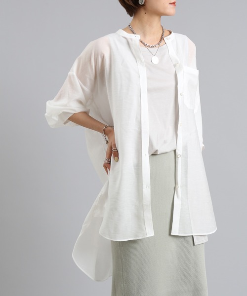 DouDou（ドゥドゥ）の「オーバーチュニックシャツ（シャツ/ブラウス・レディース・オフホワイト/グリーン/パープル・FREE）」の2枚目の写真