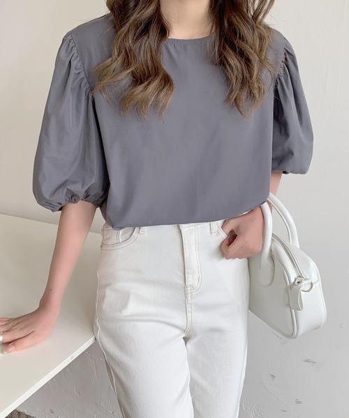 ABITOKYO（アビトーキョー）の「パフスリーブクルーネックブラウス（シャツ/ブラウス・レディース・ホワイト/ライトブルー/ダークパープル/チャコールグレー/ネイビー/パープル/グリーン/グレー/ブルーグレー/ベージュ/イエロー/ブルーグリーン・M/L）」の13枚目の写真