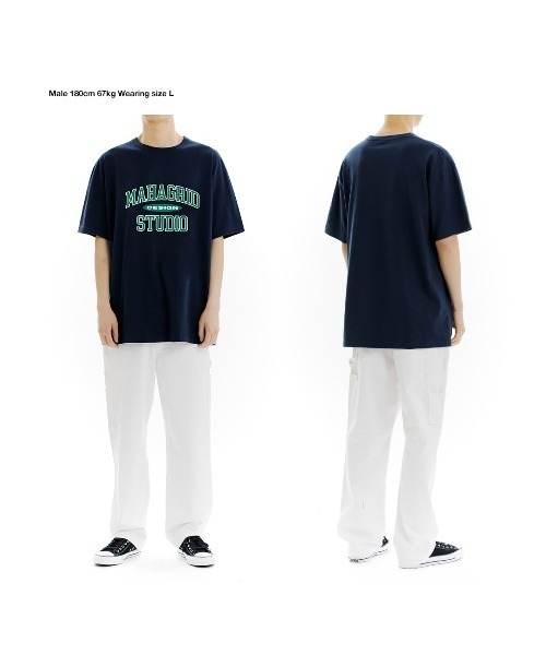 MAHAGRID（マハグリッド）の「『mahagrid/マハグリッド』COLLEGE LOGO TEE/カレッジ ロゴ 半袖Tシャツ（Tシャツ/カットソー・メンズ・ホワイト/ブラック/ネイビー/ブルー/アイボリー/ブラック×グレー・M/L/XL/S）」の9枚目の写真
