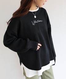 天竺編み長袖ロゴ刺繍ラウンドヘムニットトップス