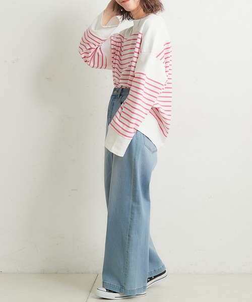 CIAOPANIC TYPY（チャオパニックティピー）の「パネルボーダーカラー刺繍Tee（Tシャツ/カットソー・レディース・ブラック/パープル/ピンク/ブルー/グリーン・ONE SIZE）」の7枚目の写真