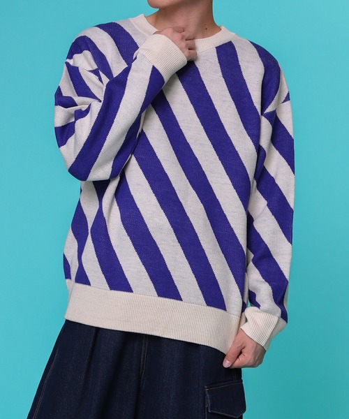 PairPair（ペアペア）の「バイヤスボーダーニット(ユニセックス)（ニット/セーター・レディース・ブラック/ブルー・FREE）」の14枚目の写真