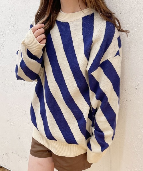 PairPair（ペアペア）の「バイヤスボーダーニット(ユニセックス)（ニット/セーター・レディース・ブラック/ブルー・FREE）」の19枚目の写真