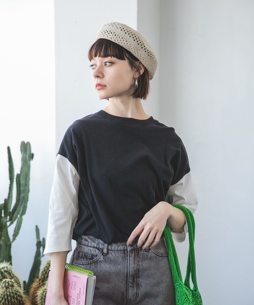 JEANASIS(ジーナシス)の「サスティナブルバイカラーUSED7STEE/277842(Tシャツ/カットソー・レディース・ホワイト/ブラック・FREE)」の1枚目の写真