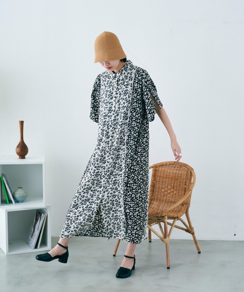 VACANCY（ヴァカンシー）の「ヴィンテージフラワー柄パイピングシャツワンピース（ワンピース・レディース・ブラック/ナチュラル・FREE）」の4枚目の写真