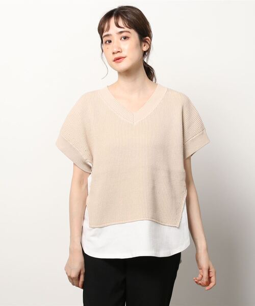 Munich(ミューニック)の「Munich(ミューニック)片畦編みニット×カットソードッキングトップス/MN221K23(Tシャツ/カットソー・レディース・ベージュ/ピンク・FREE)」の2枚目の写真