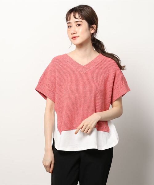Munich(ミューニック)の「Munich(ミューニック)片畦編みニット×カットソードッキングトップス/MN221K23(Tシャツ/カットソー・レディース・ベージュ/ピンク・FREE)」の1枚目の写真