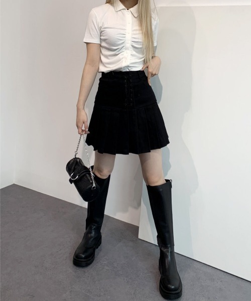 by muni:r(バイ ムニール)の「コルセットプリーツテニススカート(スカート・レディース・ブラウン/ブラック/アイボリー・SMALL/MEDIUM)」の5枚目の写真
