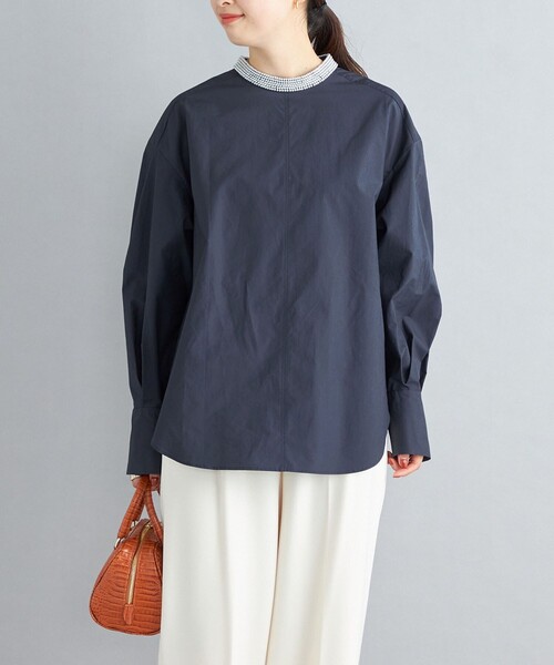 美品　シップス セレモニー　セットアップパールモチーフブラウス　ネイビー36 SHIPS 【プレミアムスーツ2点SET】パール付きトップス