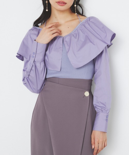 rienda(リエンダ)の「フリルネック布帛コンビニットトップス(ニット/セーター・レディース・ブラック/ホワイト/ベージュ/パープル・FREE)」の4枚目の写真