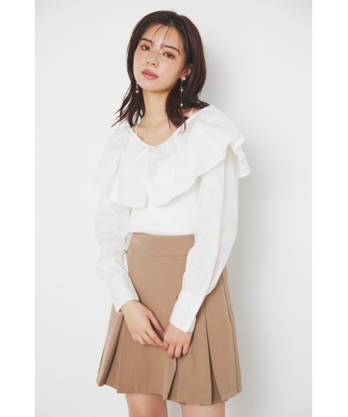 rienda(リエンダ)の「フリルネック布帛コンビニットトップス(ニット/セーター・レディース・ブラック/ホワイト/ベージュ/パープル・FREE)」の2枚目の写真