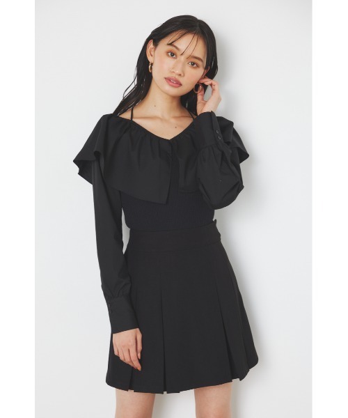 rienda リエンダ　長袖　Black シフォン　フリル　キレイめ　トップス セール】フリルネック布帛コンビニットトップス（ニット
