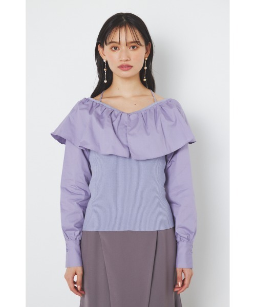 rienda(リエンダ)の「フリルネック布帛コンビニットトップス(ニット/セーター・レディース・ブラック/ホワイト/ベージュ/パープル・FREE)」の14枚目の写真