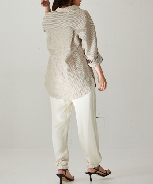 美品　バビロン　24SS リネンストライプシャツ　オーバーサイズ　ベージュ　麻 ペーパーリネンオーバーサイズシャツ/GARAGE OF GOOD CLOTHING