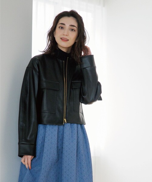 OPAQUE.CLIP（オペークドットクリップ）の「◆ソフトフェイクレザーノーカラージャケット（ブルゾン・レディース・ブラック/ライトグレー・38）」の9枚目の写真