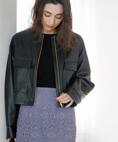 OPAQUE.CLIP（オペークドットクリップ）の「◆ソフトフェイクレザーノーカラージャケット（ブルゾン・レディース・ブラック/ライトグレー・38）」の11枚目の写真