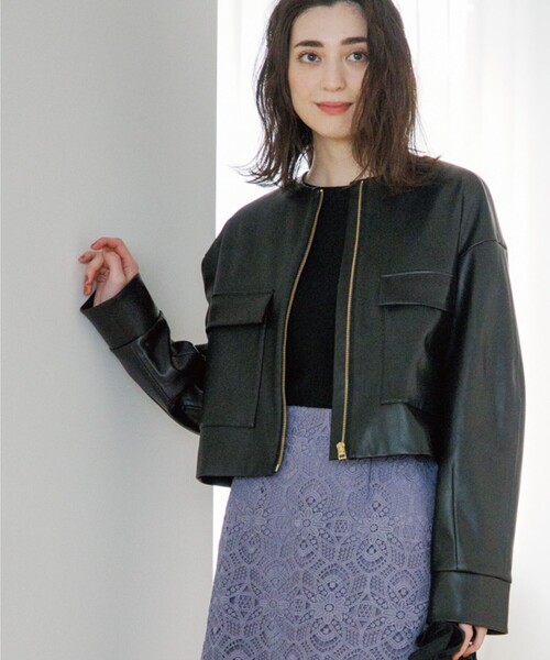 OPAQUE.CLIP（オペークドットクリップ）の「◆ソフトフェイクレザーノーカラージャケット（ブルゾン・レディース・ブラック/ライトグレー・38）」の12枚目の写真