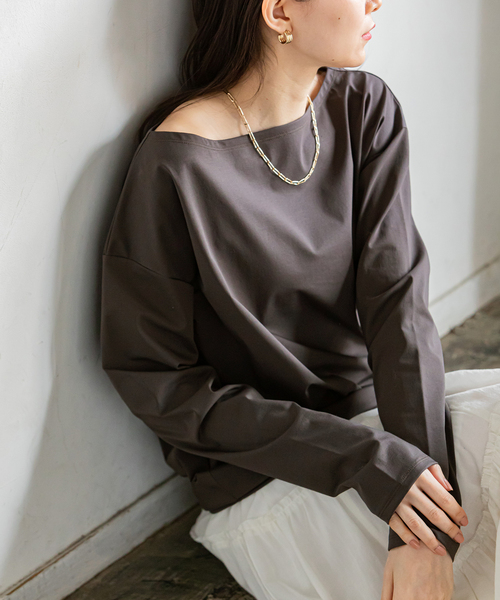 Noble（ノーブル）の「ボートネックプルオーバー（Tシャツ/カットソー・レディース・ホワイト/チャコールグレー・FREE）」の6枚目の写真