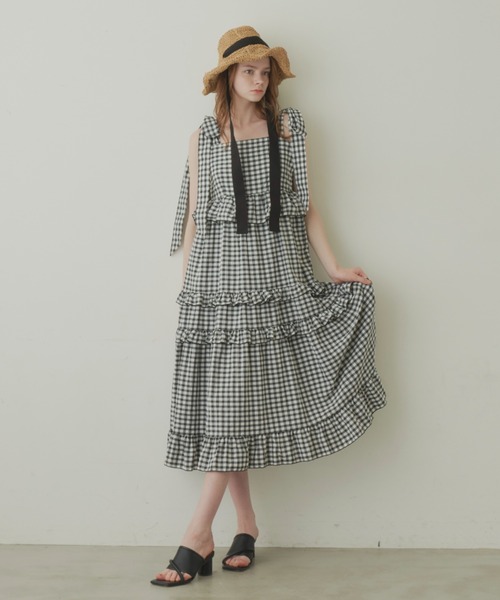 idem（イデム）の「ribbon gingham check onepiece/ギンガムチェックワンピース（ワンピース・レディース・ブルー/ブラック/グリーン・FREE）」の4枚目の写真