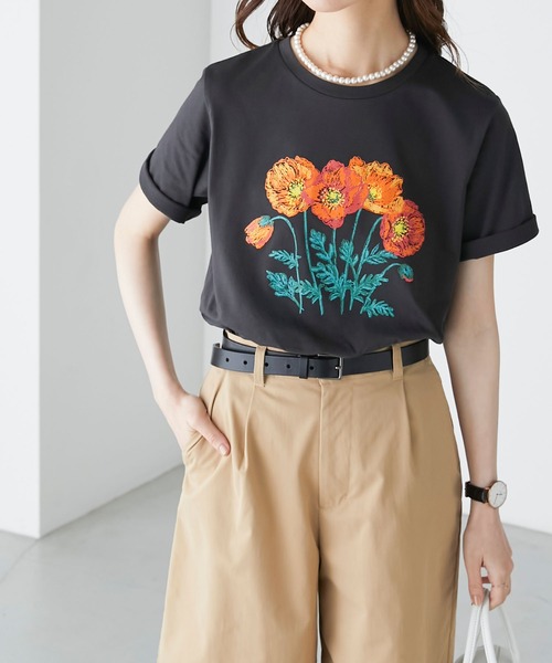 すみれ　　　フラワーモチーフ　カットソー　tシャツ 半袖 フラワーモチーフプリント 半袖Tシャツ（Tシャツ/カットソー