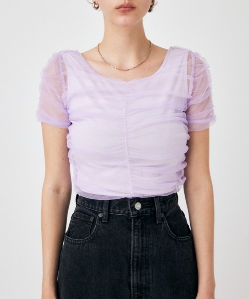 MOUSSY(マウジー)の「CUT TULLE トップス(Tシャツ/カットソー・レディース・ライトベージュ/ライトパープル/ネイビー・FREE)」の1枚目の写真