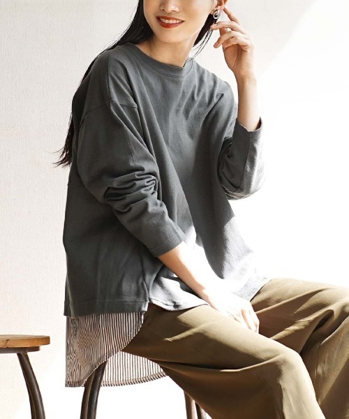 e-zakkamania stores(イーザッカマニアストアーズ)の「ブラウスレイヤード 長袖プルオーバー(Tシャツ/カットソー・レディース・チャコール/アッシュ/アイボリー・フリー)」の1枚目の写真
