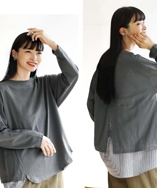 e-zakkamania stores(イーザッカマニアストアーズ)の「ブラウスレイヤード 長袖プルオーバー(Tシャツ/カットソー・レディース・チャコール/アッシュ/アイボリー・フリー)」の7枚目の写真