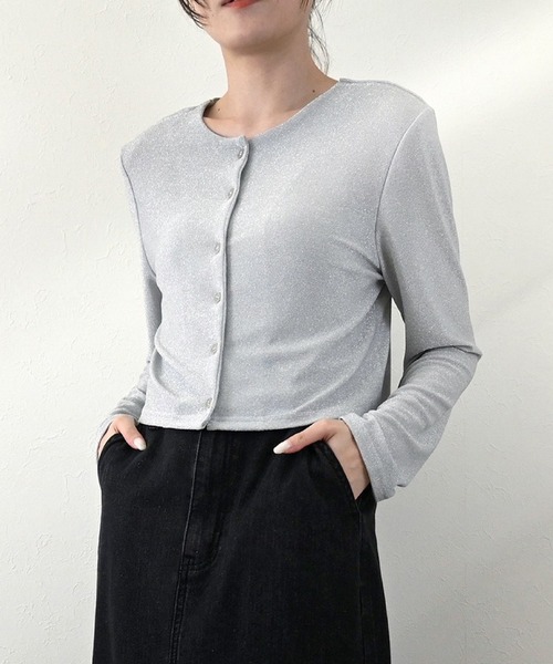 STYLEBLOCK(スタイルブロック)の「グリッター天竺2WAYクロップドカーディガン(カーディガン/ボレロ・レディース・ライトベージュ/オレンジ/ホワイト/ブラック・M)」の1枚目の写真