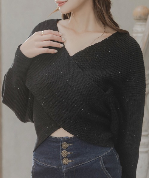 Julia Boutique(ジュリアブティック)の「スパングルカシュクールニットトップス/23603(ニット/セーター・レディース・ブラック/ホワイト/ネイビー・ONE)」の3枚目の写真