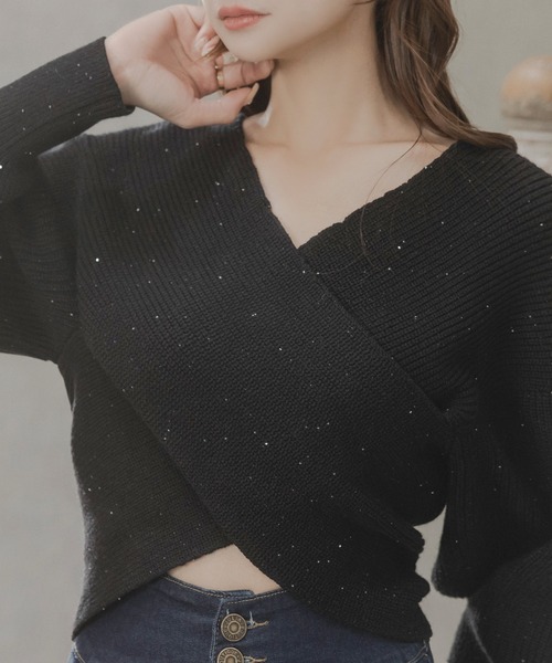 Julia Boutique(ジュリアブティック)の「スパングルカシュクールニットトップス/23603(ニット/セーター・レディース・ブラック/ホワイト/ネイビー・ONE)」の11枚目の写真