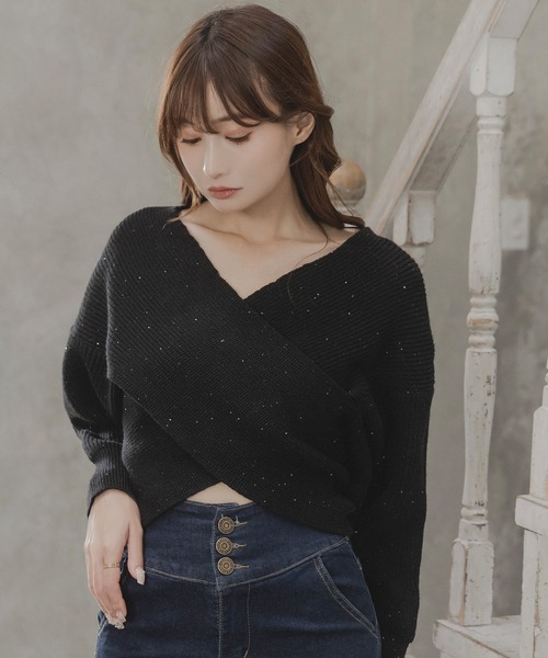 Julia Boutique(ジュリアブティック)の「スパングルカシュクールニットトップス/23603(ニット/セーター・レディース・ブラック/ホワイト/ネイビー・ONE)」の12枚目の写真