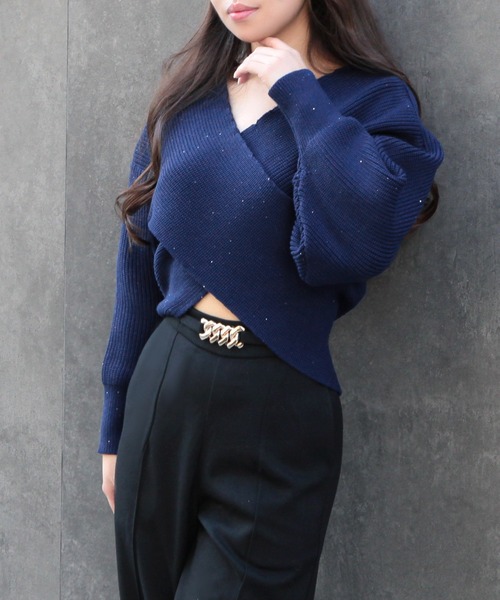 Julia Boutique(ジュリアブティック)の「スパングルカシュクールニットトップス/23603(ニット/セーター・レディース・ブラック/ホワイト/ネイビー・ONE)」の14枚目の写真