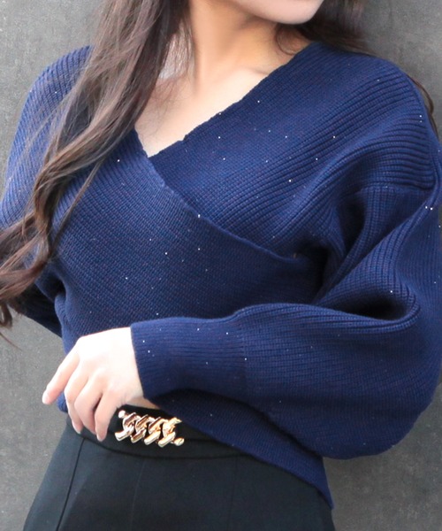 Julia Boutique(ジュリアブティック)の「スパングルカシュクールニットトップス/23603(ニット/セーター・レディース・ブラック/ホワイト/ネイビー・ONE)」の15枚目の写真